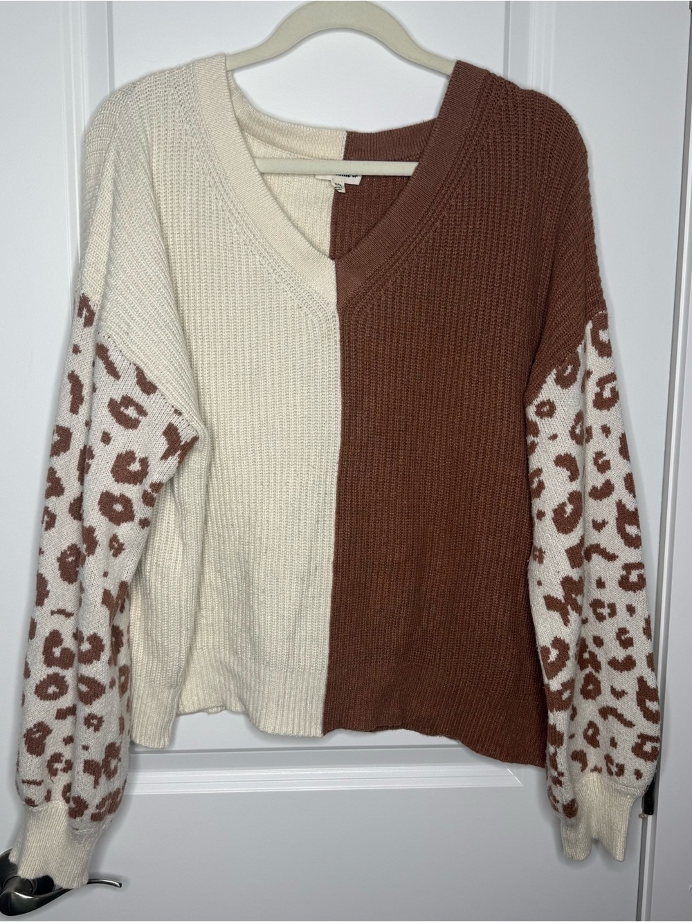 eesome Two-Tone V-Neck Sweater with Leopard Sleeves - Cream & Brown